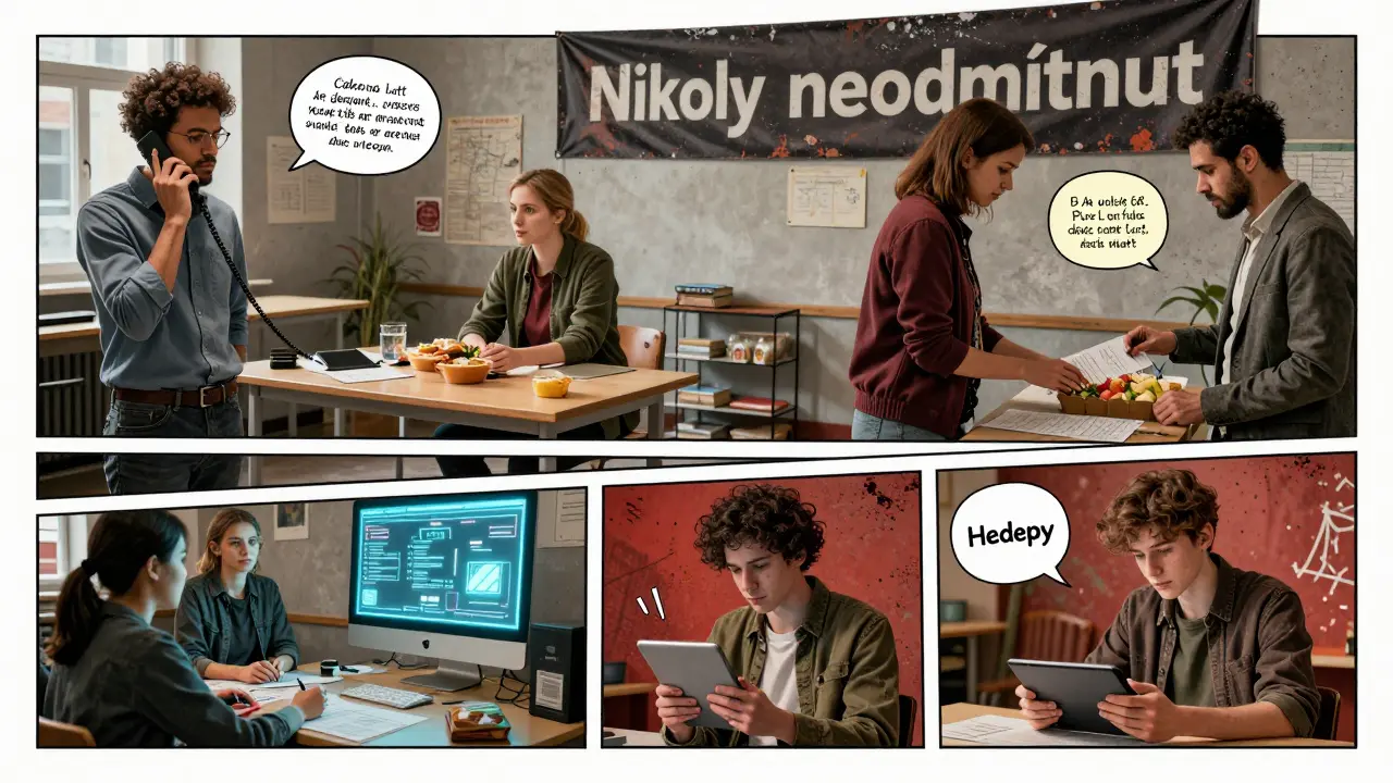 Různí lidé v centru obdrží pomoc — telefon, jídlo, online terapie — pod zástavou 'Nikdy neodmítnut'.