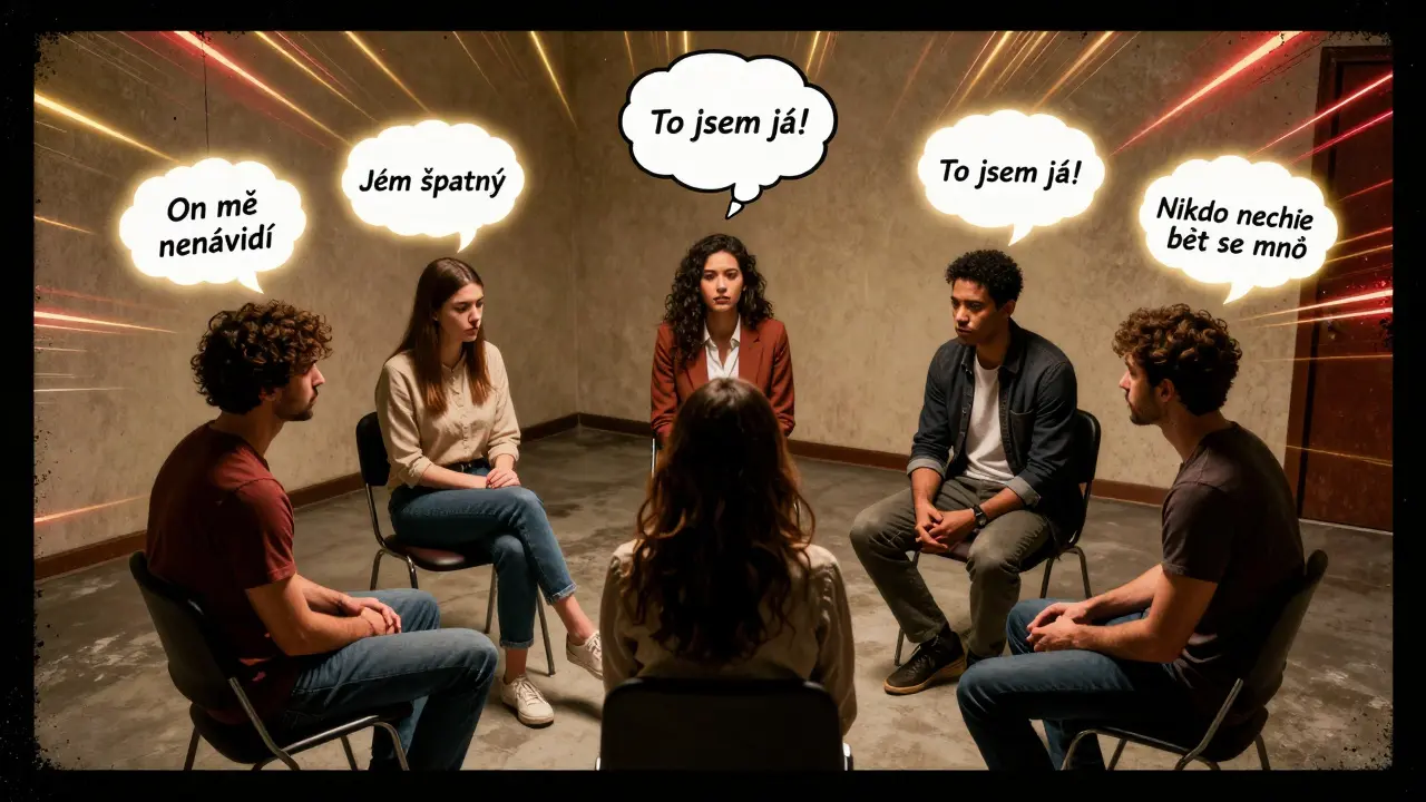 Skupina lidí v terapii s viditelnými vnitřními myšlenkami, jedna bublina se rozbíjí.