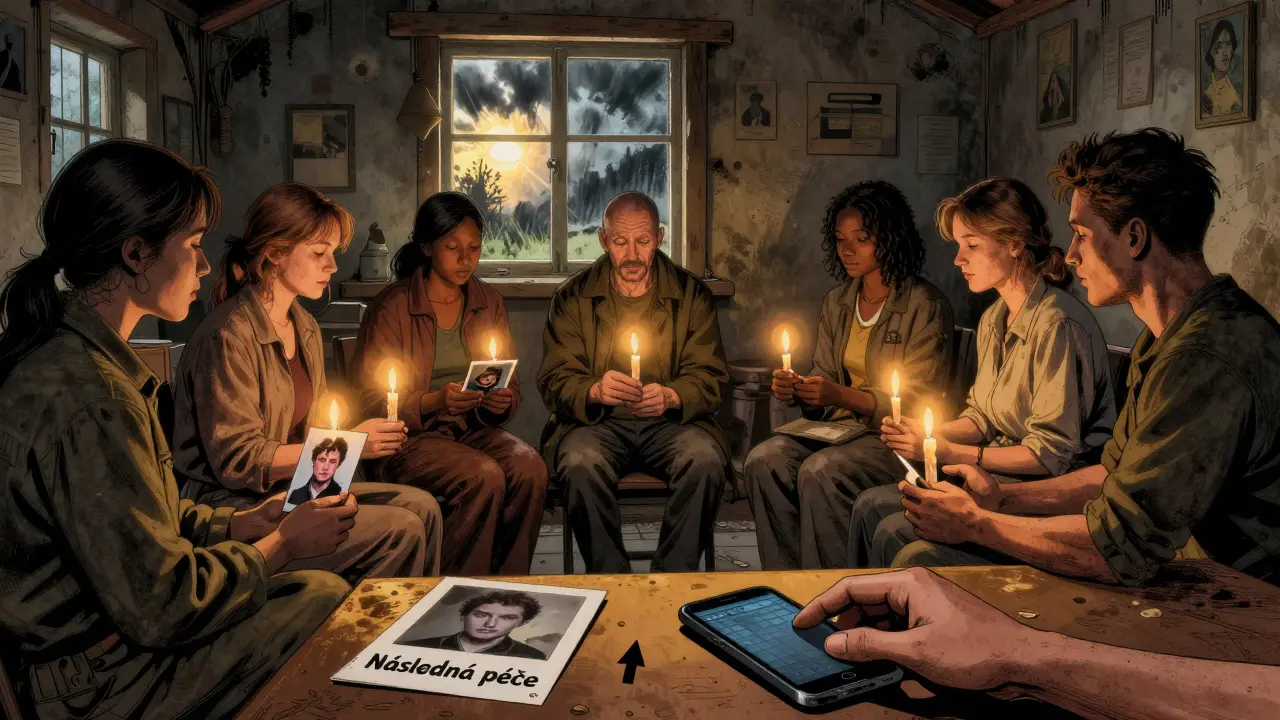 Skupina pacientů zapaluje svíčku v terapeutické komunitě, venku se rozjíždí slunce.