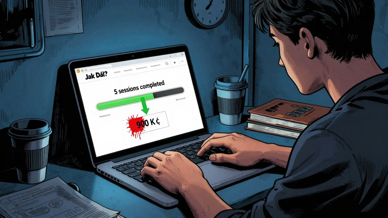 Student v ložnici sleduje webovou stránku s nápisem '5. sezení - 10 % sleva'.