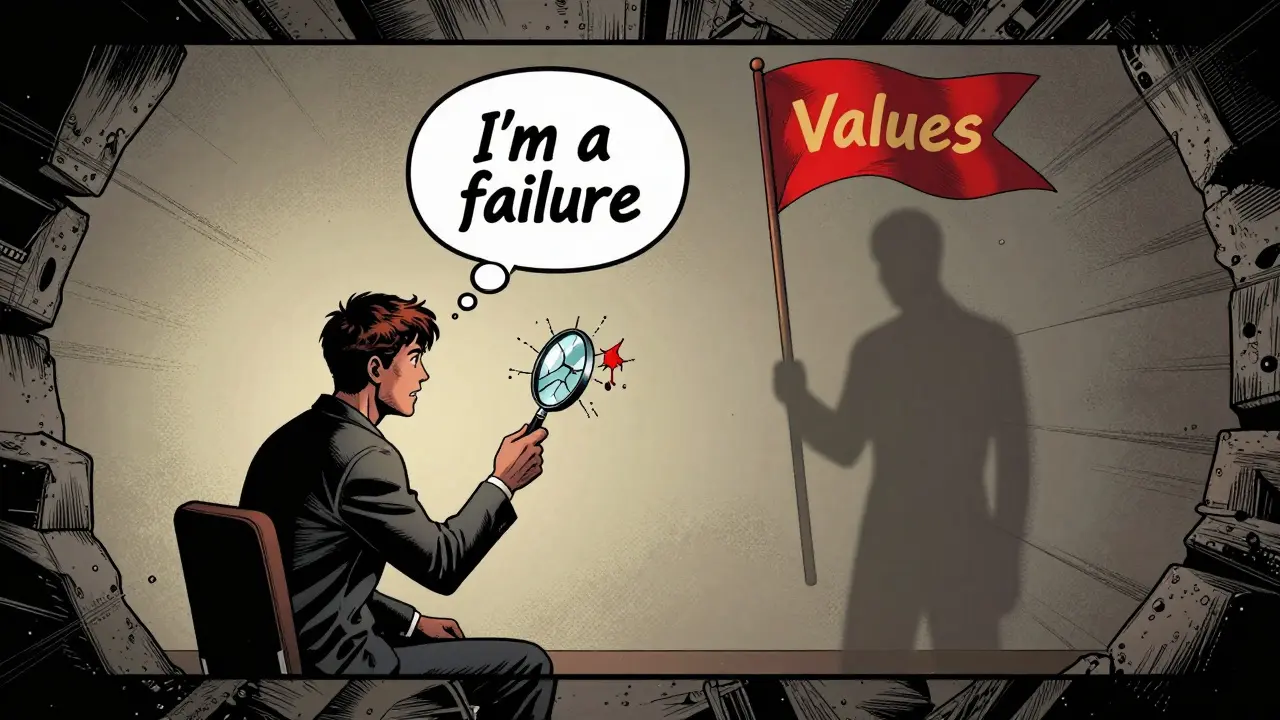 Terapeut a klient se dívají na myšlenku, která se rozpadá, zatímco klientův stín roste silnější.