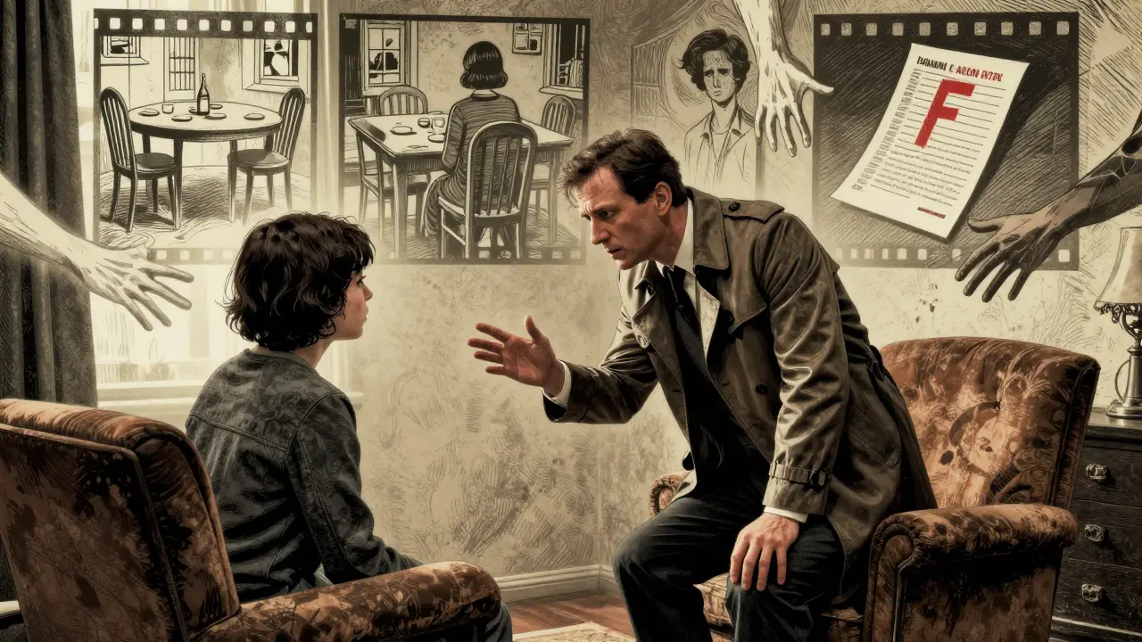 Terapeut a klient v tiché místnosti, emoce se projevují jako dětské vzpomínky na stěnách.