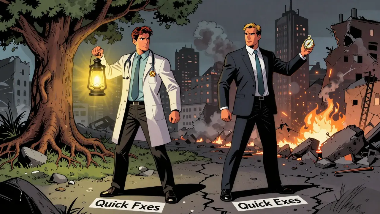 Terapeut a kouč v boji: jeden osvětluje minulost, druhý ukazuje cestu dopředu v zničeném městě.