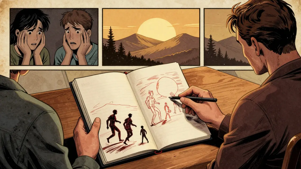 Terapeut a pacient společně přepisují noční můru – z temnoty do světla, na papíře je vidět změna scény.