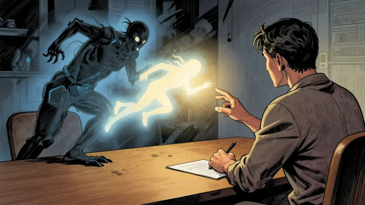 Terapeut a pacient spolu představují změněnou noční můru, kde strašidlo přechází ve světlo.