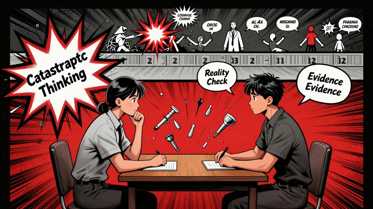 Terapeut a pacient v boji proti katastrofickým myšlenkám, které jsou rozbité pomocí nástrojů reality.