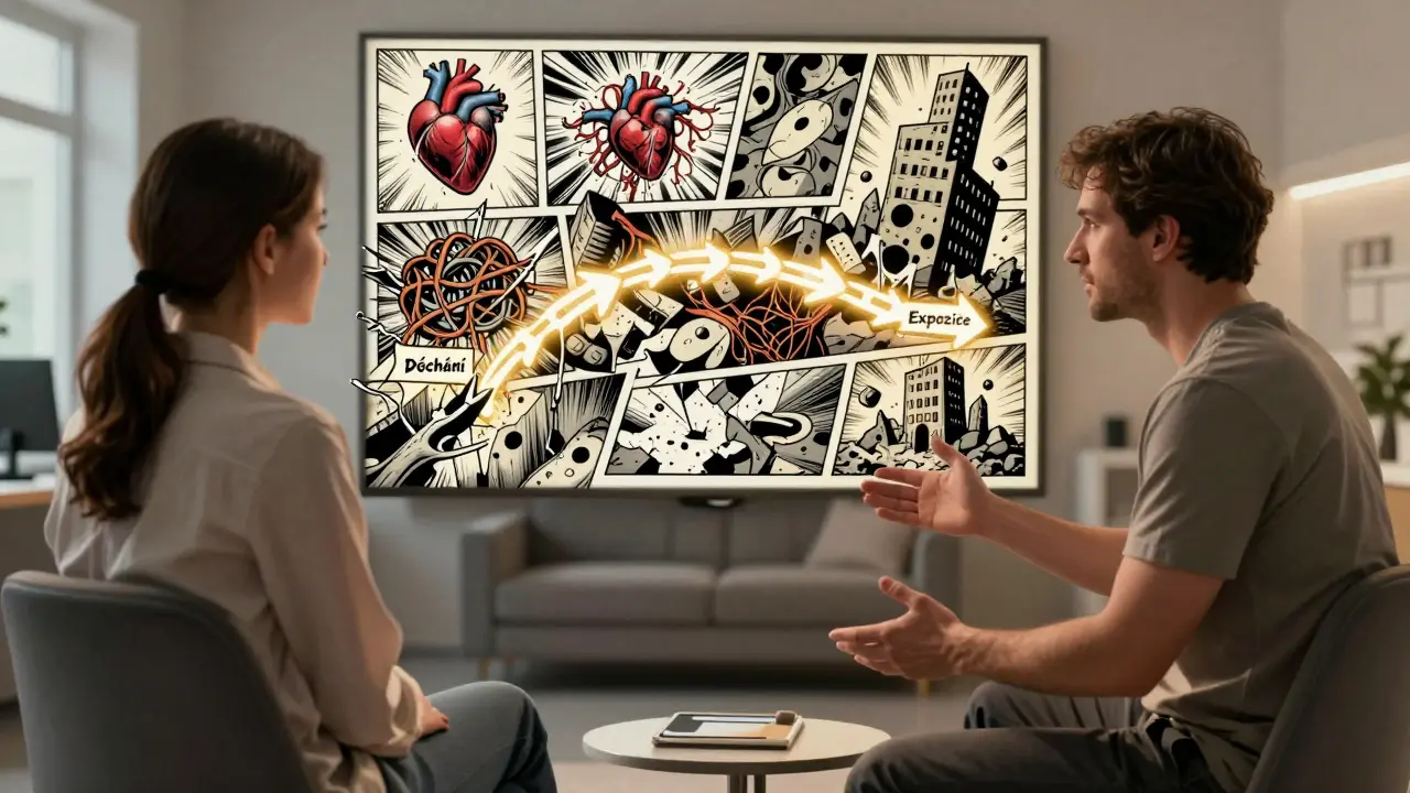 Terapeut a pacient v kanceláři, mysl pacienta se mění z chaosu do pořádku.