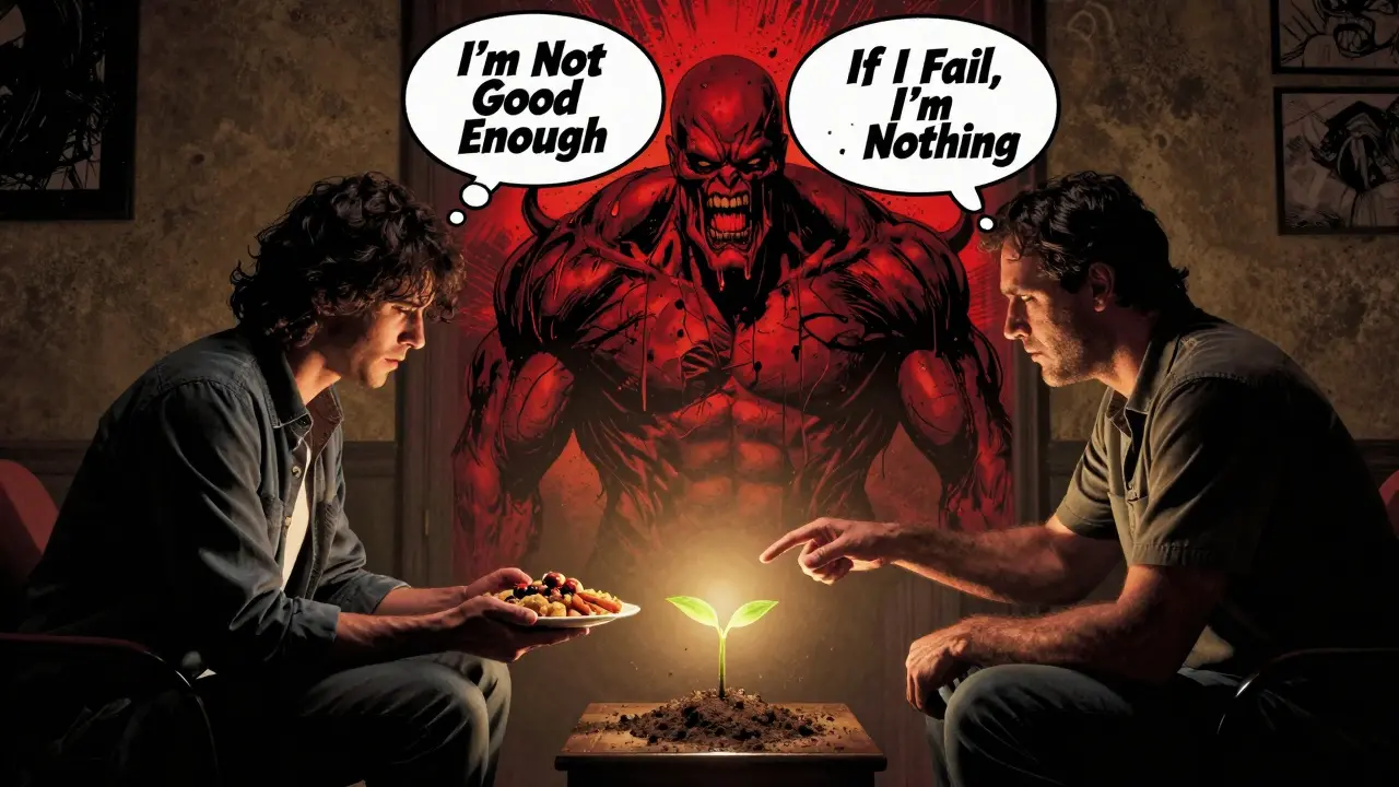 Terapeut a pacientka během sezení, nad nimi se vynořují monstrózní myšlenky o selhání.