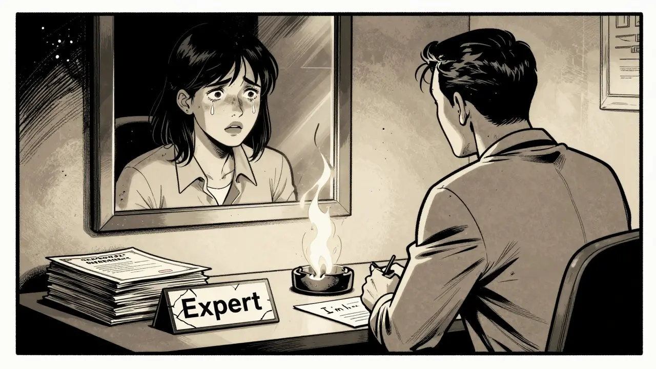 Terapeut hledí do zrcadla a vidí oči klienta, zatímco jeho tituly ho opouštějí.