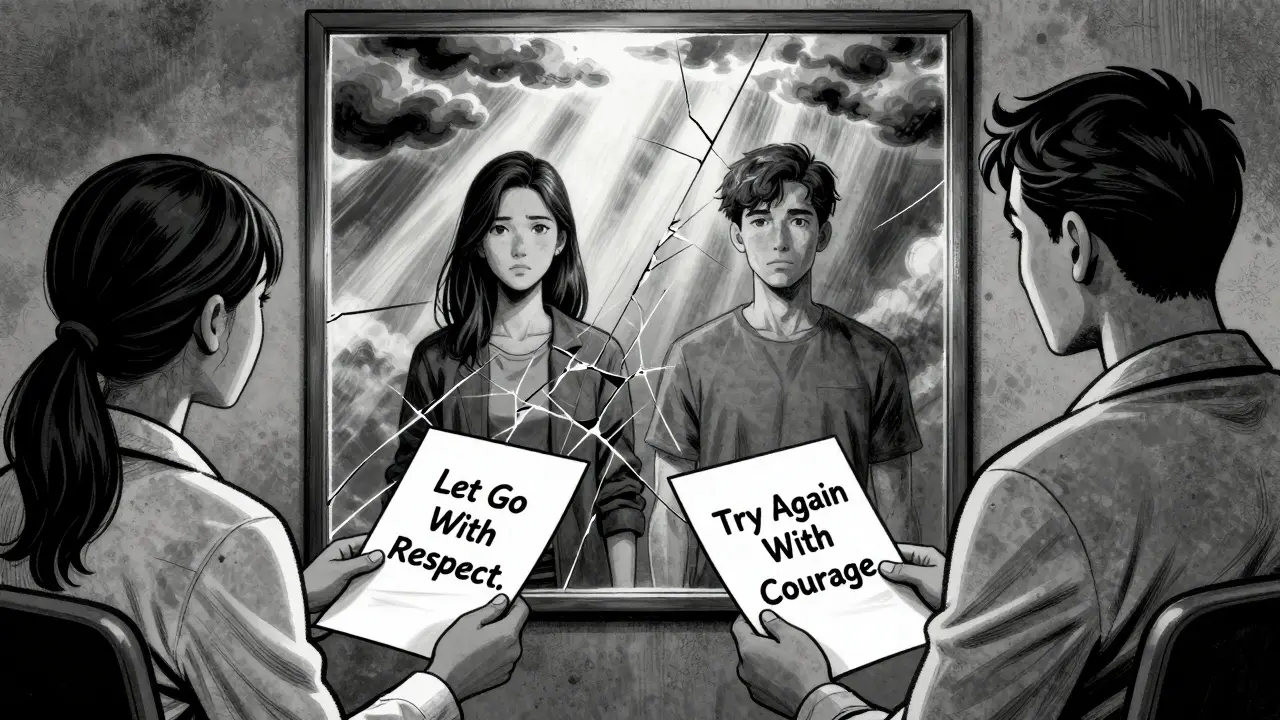 Terapeut podává dvojici dva listy s volbou: rozloučení nebo pokračování, za nimi se láme zrcadlo.