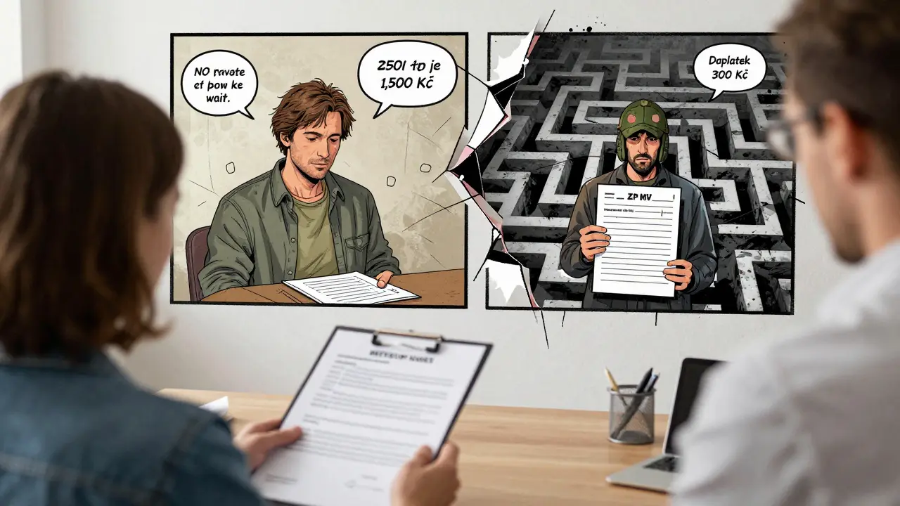 Terapeut podává formulář, zároveň se na pozadí ukazují dvě cesty: hrazená terapie s čekáním a soukromá bez čekání.