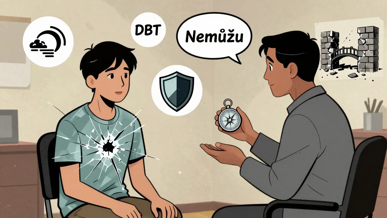 Terapeut ukazuje klientovi kompas, kolem nich plavou symboly dovedností pro regulaci emocí.