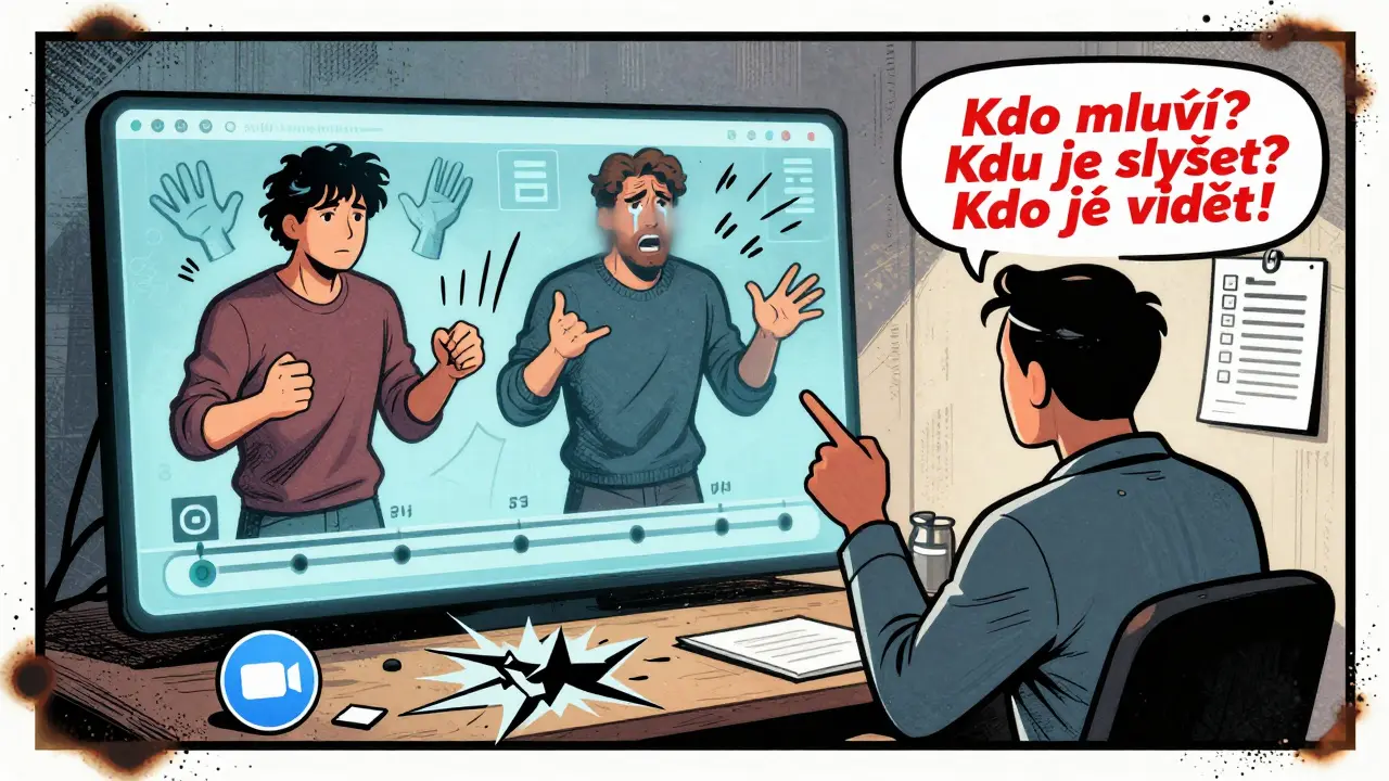 Terapeut ukazuje na časovou osu sezení, dva klienti jsou zamrznuti v konfliktu, digitální přerušení a chyby jsou viditelné.