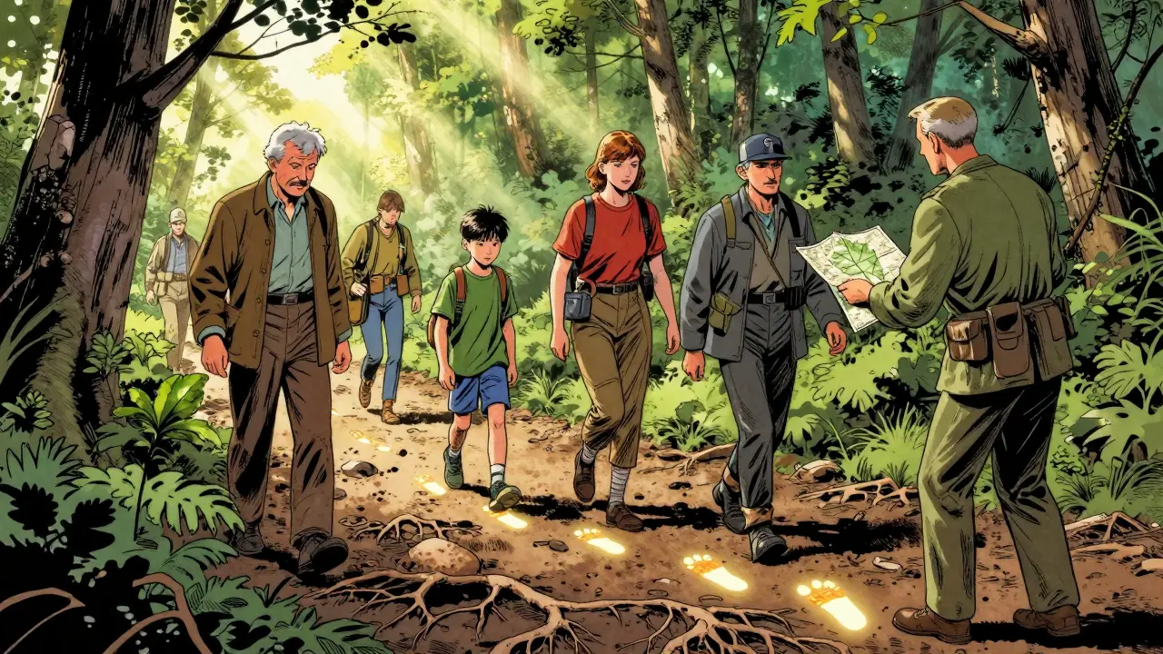 Terapeutická cesta lesem v Česku, kde lidé různých věků jdou spolu pod vedením terapeuty, kořeny se zvedají k jejich nohám.