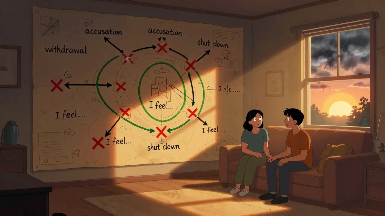 Terapeutická místnost s velkou mapou emocionálních vzorců, pár si uvědomuje cyklus, zářící nové cesty vedou k lepší komunikaci.