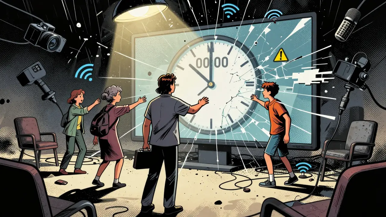 Tři generace rodiny se snaží spojit ruce přes rozbitý obraz, terapeut stojí uprostřed digitálního chaosu.