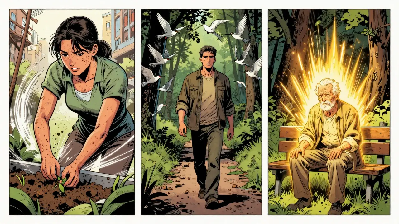 Tři lidé interagují s přírodou: žena zahradníčkuje, muž prochází lesem, starý muž sedí na lavičce v záři zlatého světla.