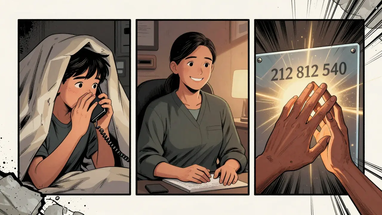 Tři panely: dítě hovoří po telefonu, terapeut naslouchá, ruce se dotýkají skrze bariéru.