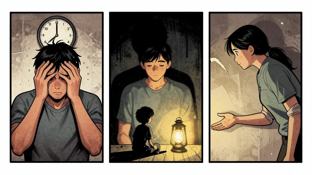 Tři panely ukazují přechod z úzkosti k vnitřnímu objevování v terapii.