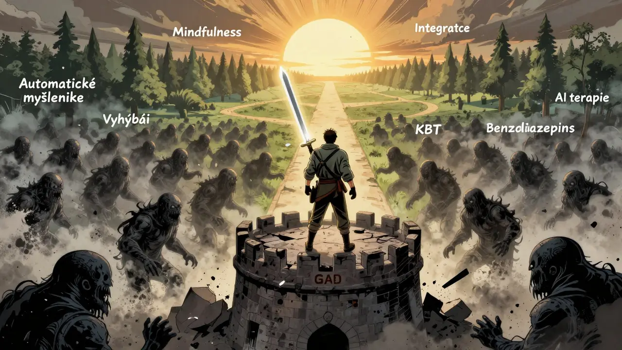 Válka proti úzkosti: hrdina bojuje proti stínům obav, světlo znamená naději.