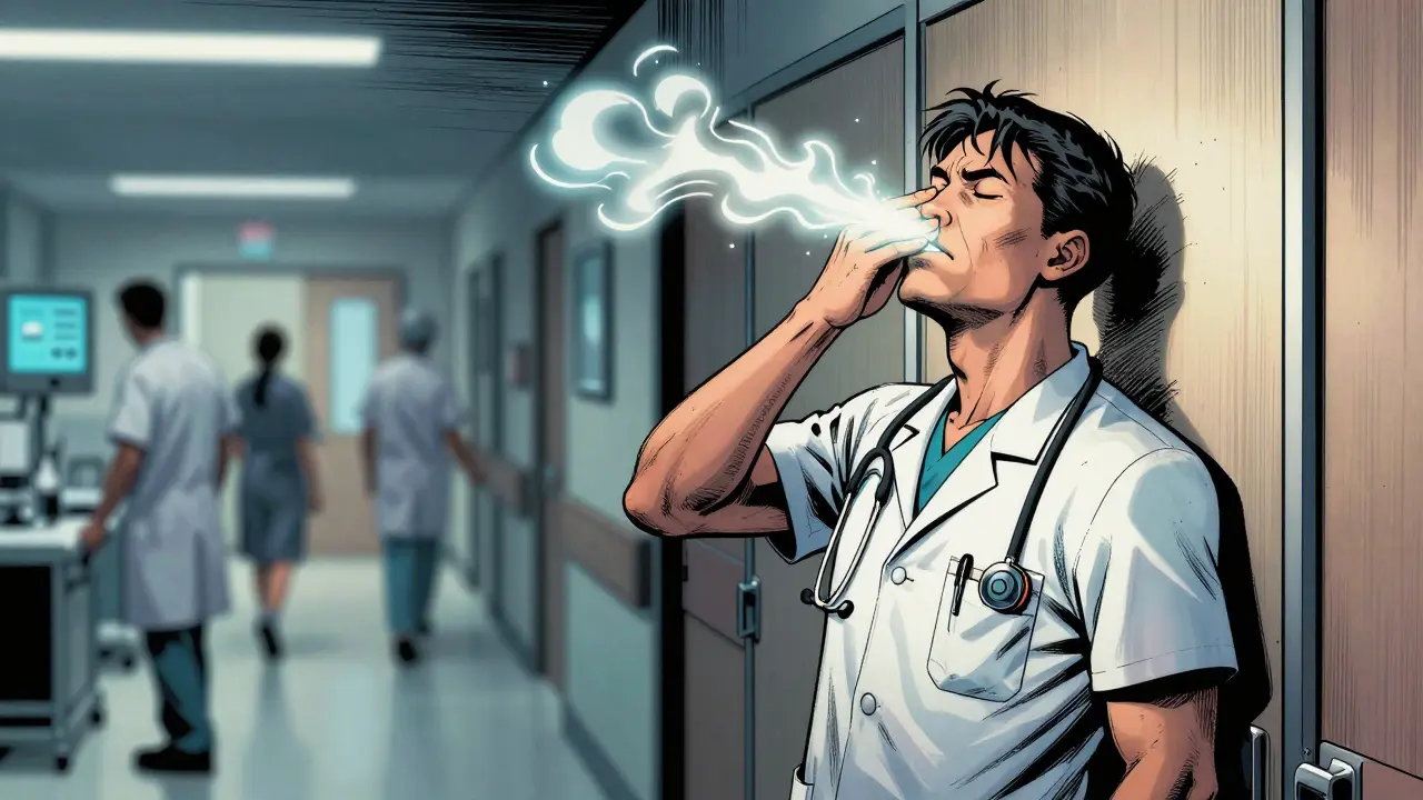 Zdravotní sestra dělá hluboký dech mezi pacienty, viditelný dech jako aura.