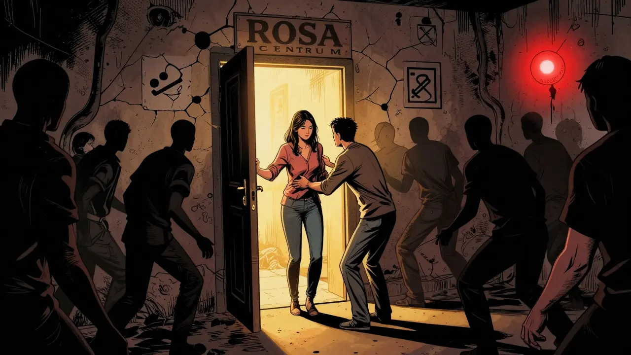 Žena je vedená do bezpečného útočiště, zatímco zločinci v tichu mizí ve stínech.