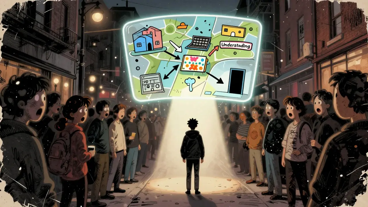 Autistická osoba v rušném městě, její vnitřní myšlenky jsou viditelné jako mapa, zatímco kolem ní víří nechápané tváře.