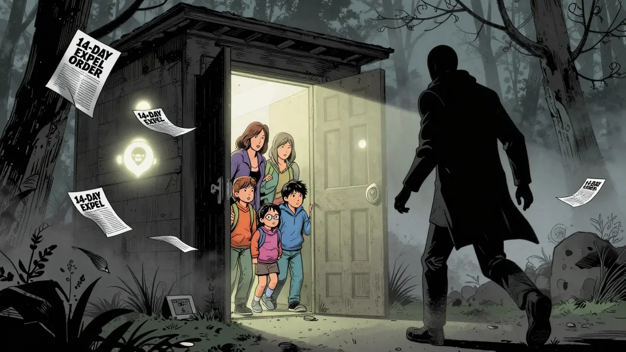 Bezpečné útočiště otevírá dveře v lese, násilník je zastaven časem.