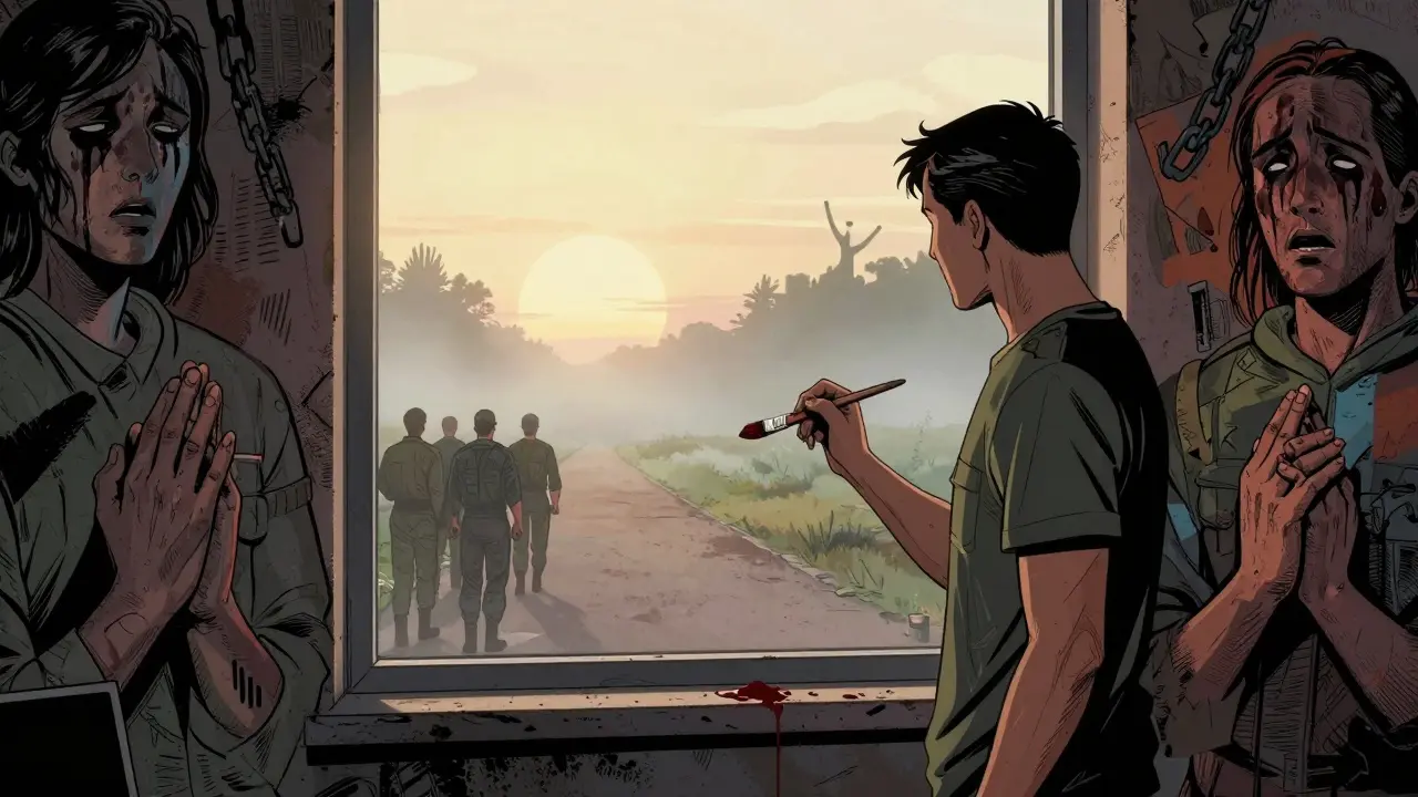 Bývalý závislý maluje na zdi, za ním obrazy emocí, venku cesta do světla.