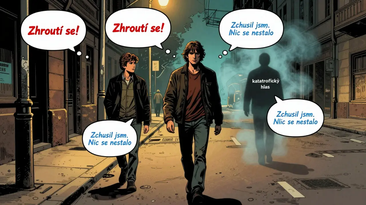 Člověk chodí ulicí, jeho negativní myšlenky se mění v klidné bubliny, zatímco starý strach mizí jako kouř.