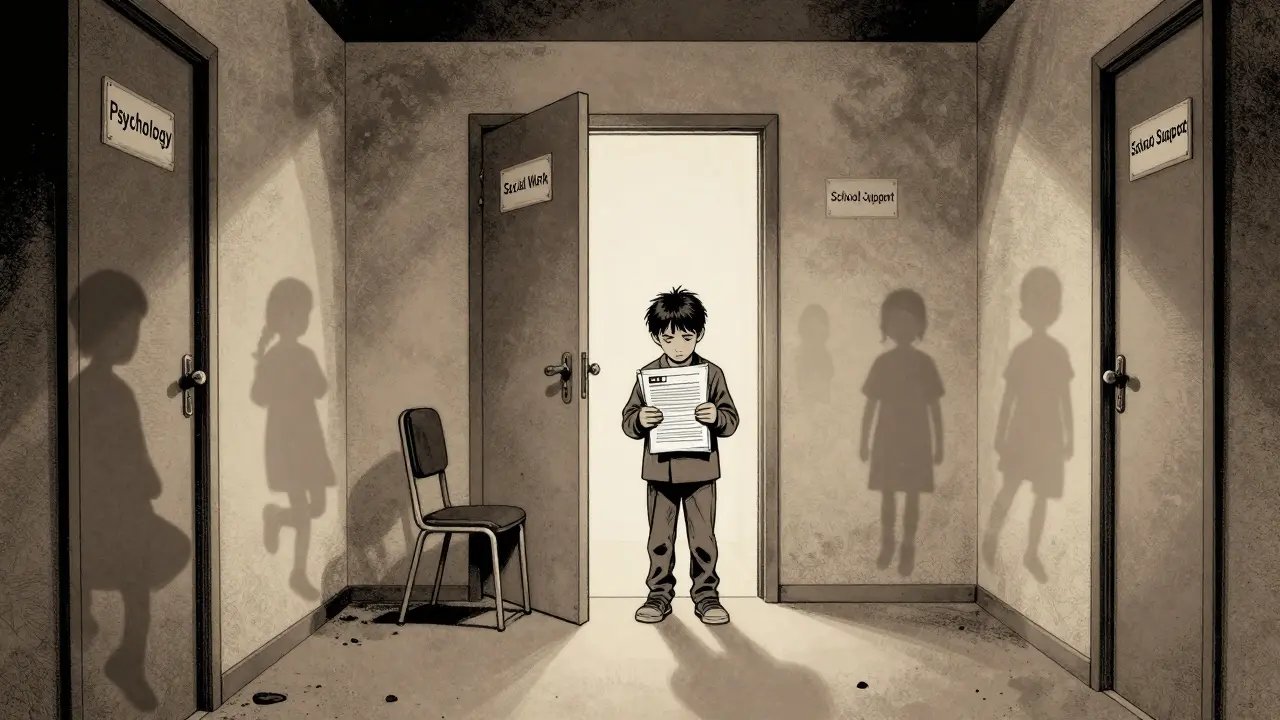 Dětský psychiatra stojí v prázdném chodbě s hromadou anonymních dotazníků, kolem něj se rozptylují stíny dětí.