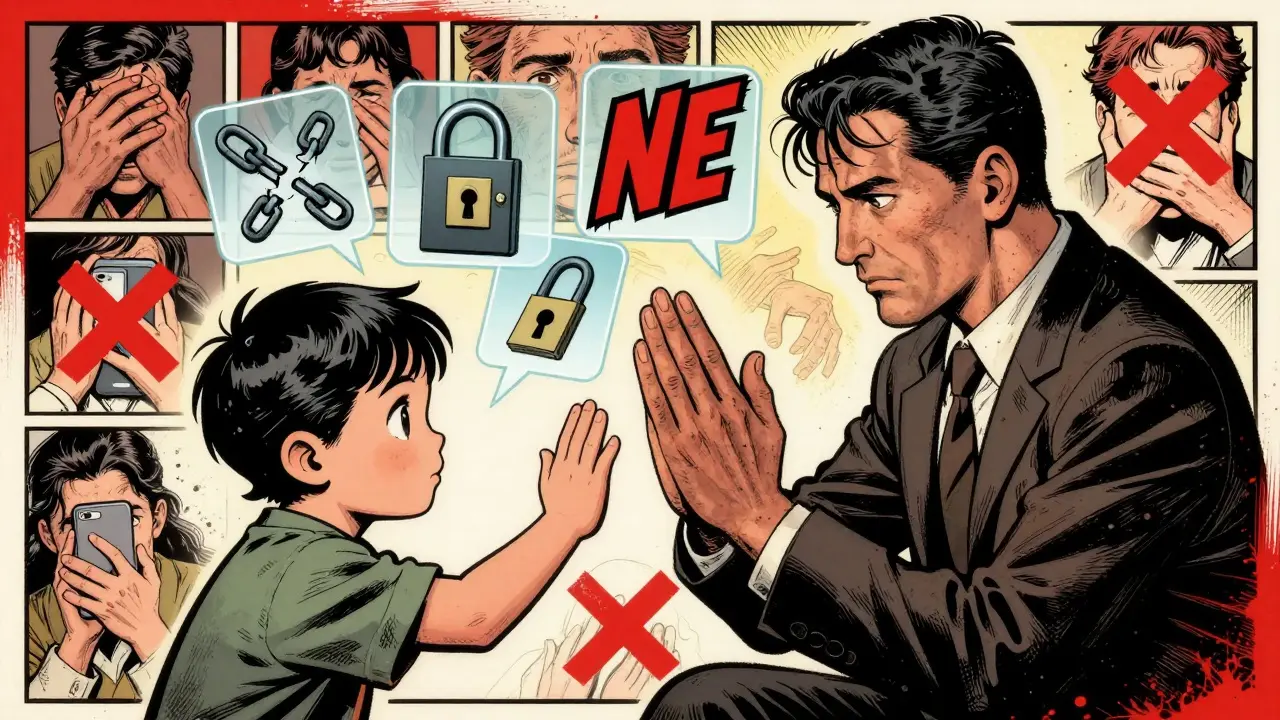 Dítě se snaží dotknout terapeuta, který mu jemně, ale pevně odmítá, kolem nich jsou symboly hranic.