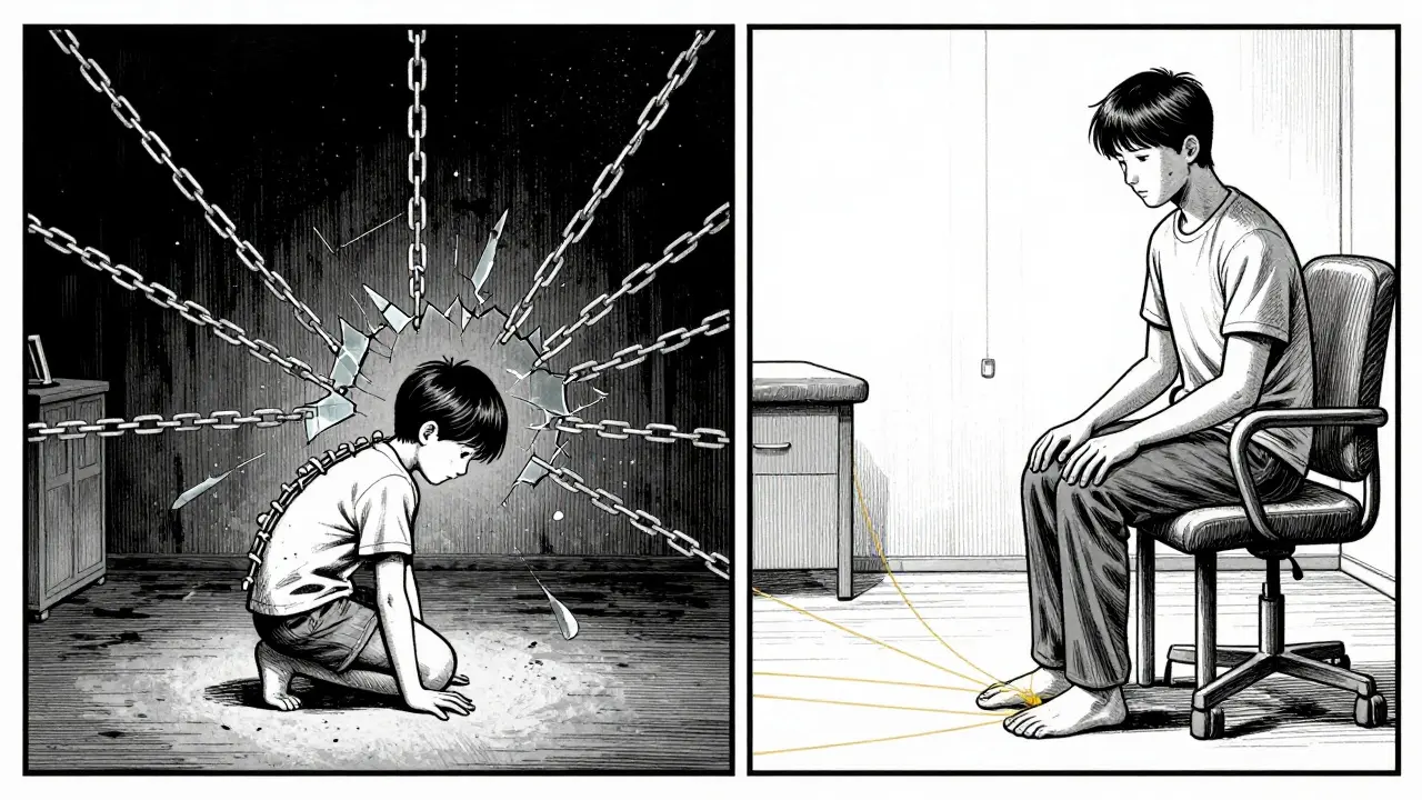 Dítě v temnotě a dospělý v klidu, spojení nohou se zemí zlatými vlákny.