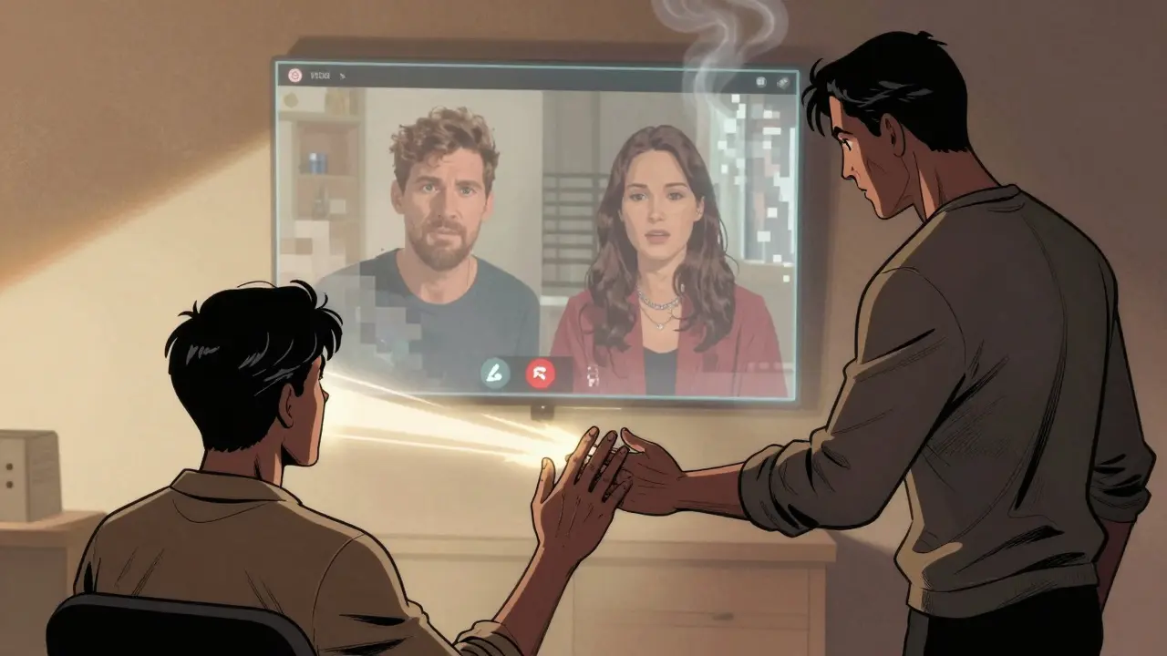 Dva lidé v terapeutické místnosti, jejich ruce se téměř dotýkají, za nimi blikající obrazovka s videohovorem.