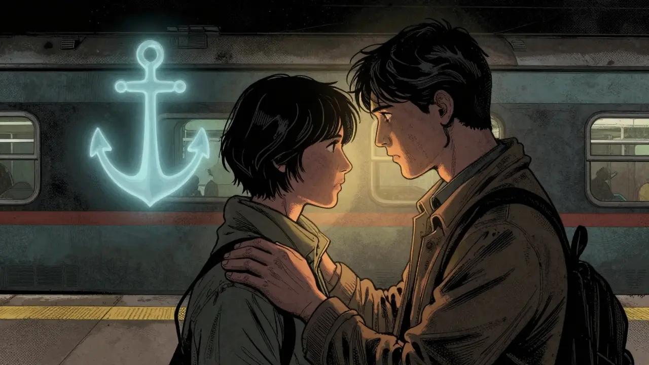 Dvě osoby v nádraží, jedna má ruku na rameni druhé, kolem nich se tvoří teplé záře a stínová ruka.