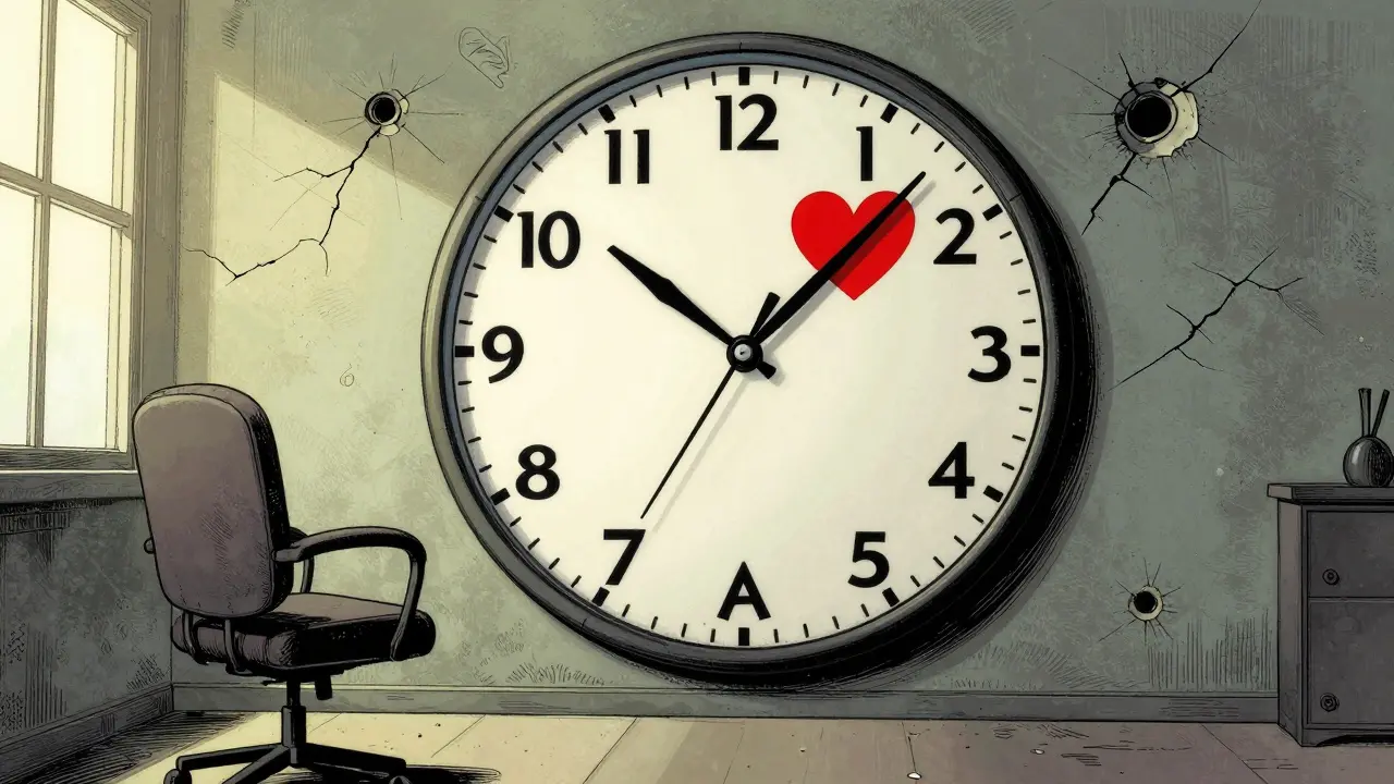 Hodiny s 18 ručičkami ukazujícími život bez terapie, prázdné křeslo v rohu.