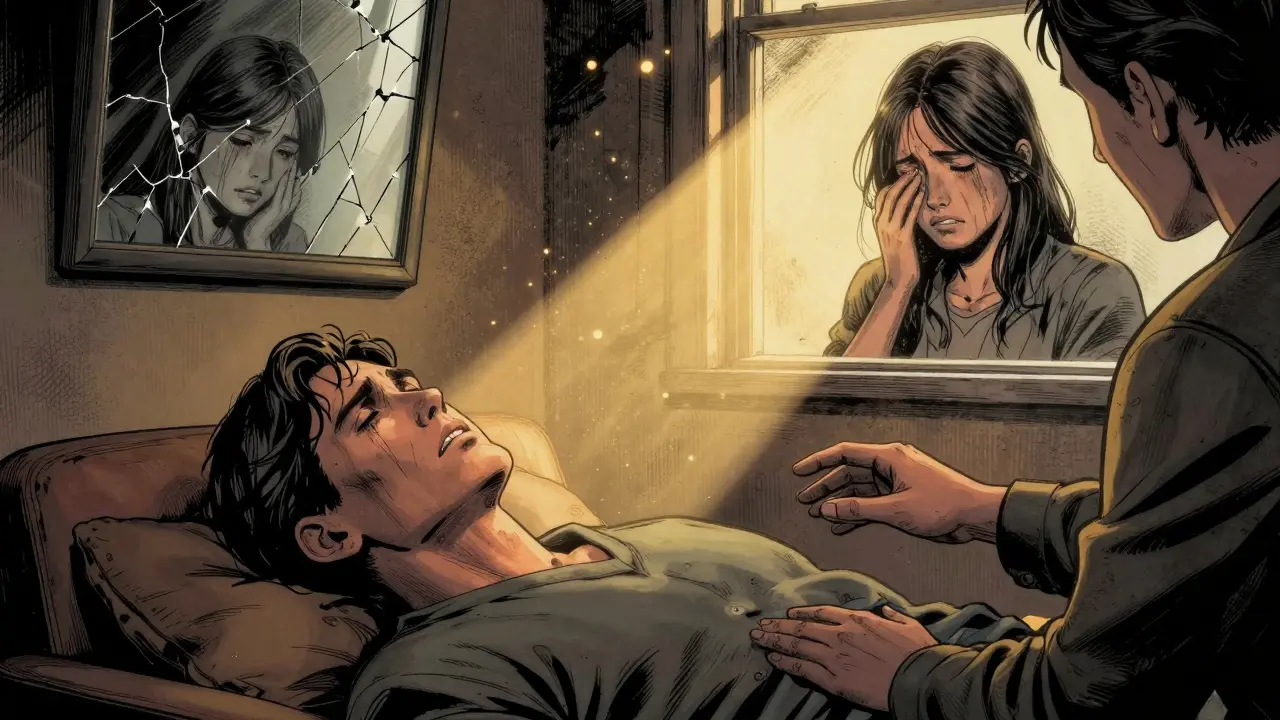 Klient leží na kanapce, slzy na tváři, světlo osvětluje prach, na zdi odraz dítěte.