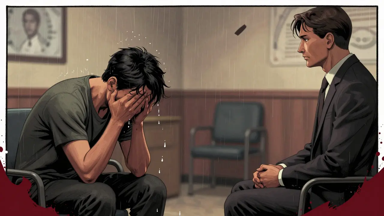 Klient pláče v terapii, terapeut sedí tichý, v pozadí se jeví stíny minulosti.