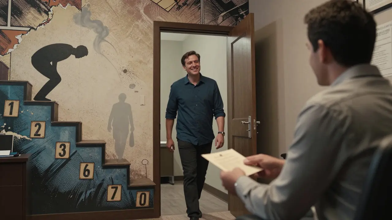 Klient podává dopis terapeutovi a odchází, za nimi mural s jeho cestou k volnosti.