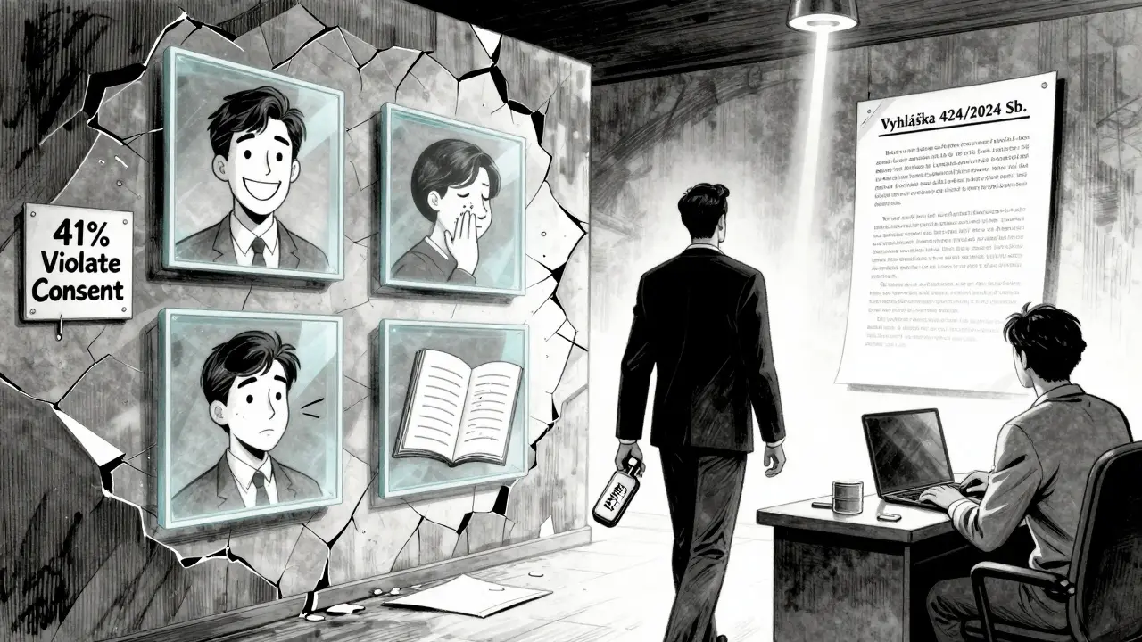 Klient s nahrávkou terapie odchází, zatímco za ním praská stěna porušování etiky.