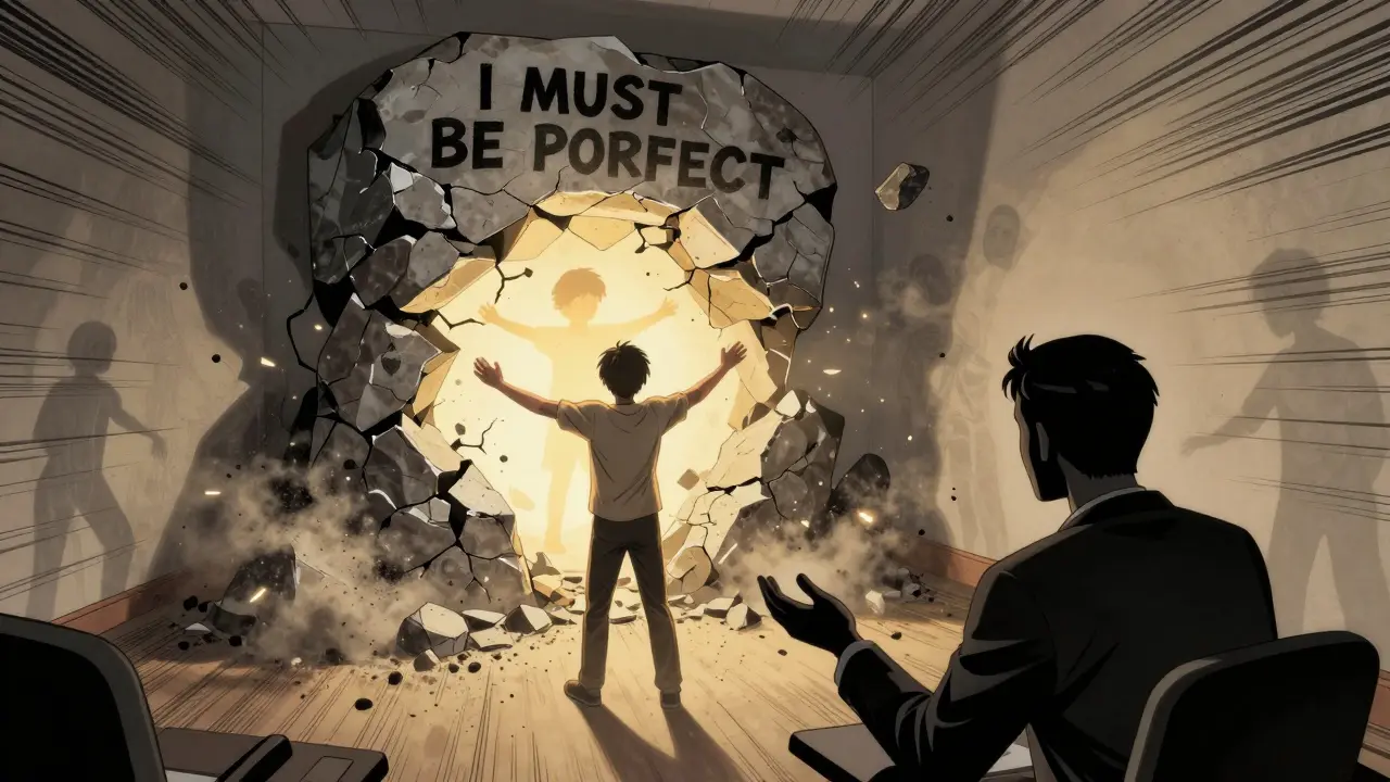 Klient stojí, když se rozpadá kámen s nápisem 'Musím být dokonalý', z něj vychází zářící dítě.