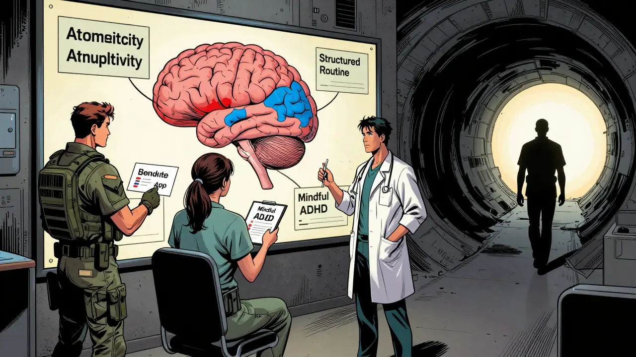 Lékařský tým analyzuje mapu mozku s nástroji pro léčbu ADHD a závislosti v bojovém prostředí.