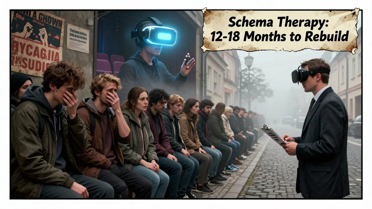 Long line of anxious patients in Prague streets waiting for scarce therapists, with a virtual reality headset glowing nearby.