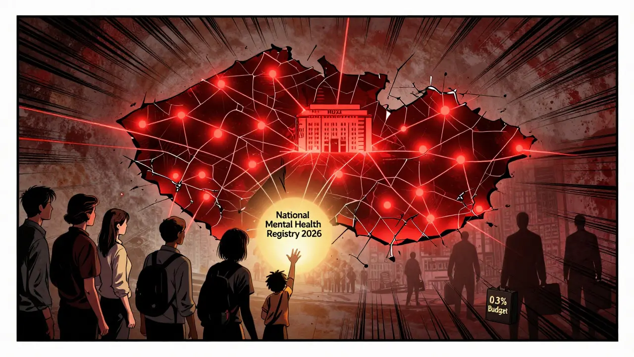 Mapa Česka s červenými skvrnami spojenými k centru duševního zdraví, lidé se snaží dosáhnout na zářící registr, zatímco politici se obrací zády.