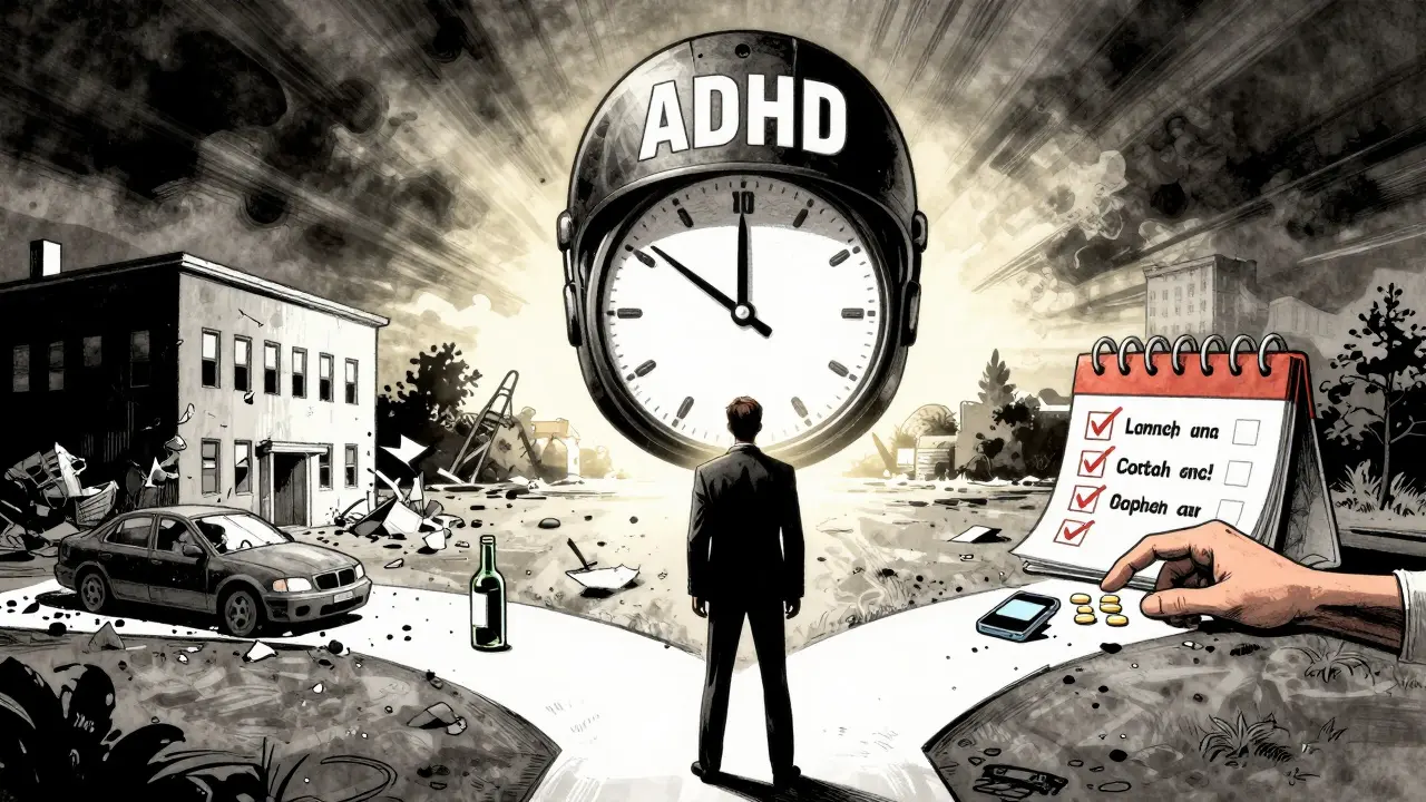 Muž stojí na křižovatce mezi závislostí a obnovou, symbolicky odstraňuje helmu ADHD.