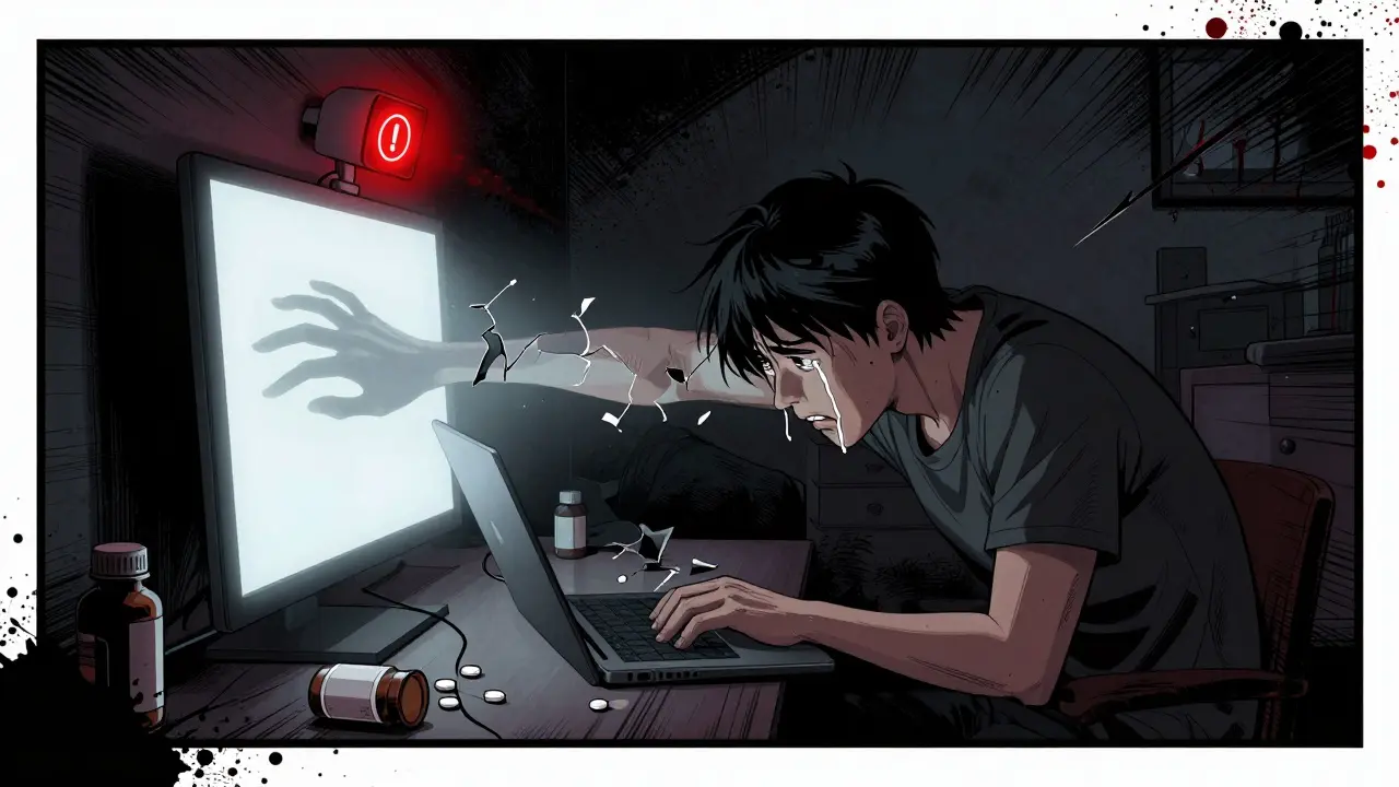 Osoba samotná před počítačem v temné místnosti, ruka z obrazovky se nedotýká, kolem rozbité věci.