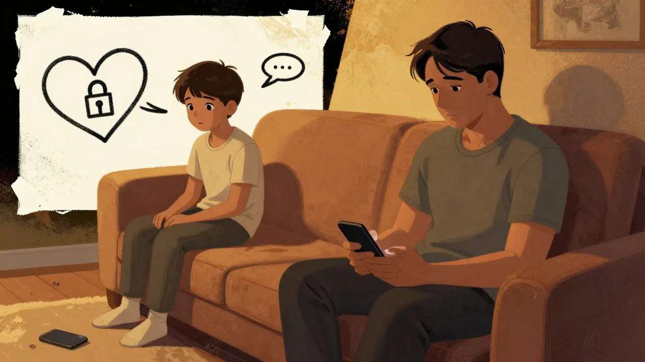 Rodič naslouchá dítěti doma, telefon leží na zemi, za nimi se objevují dva scénáře terapie a domácího klidu.