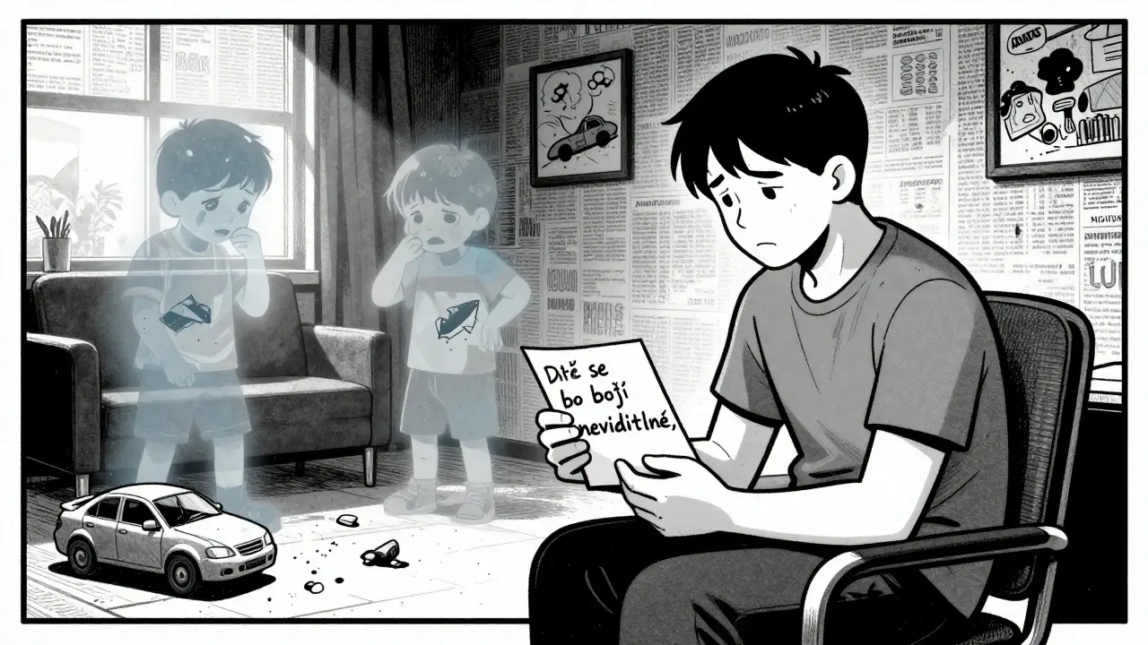 Rodič sedí s listem, kde je napsáno 'Dítě se bojí být neviditelné,' za ním jsou polopřehledné obrazy dítěte v terapii.