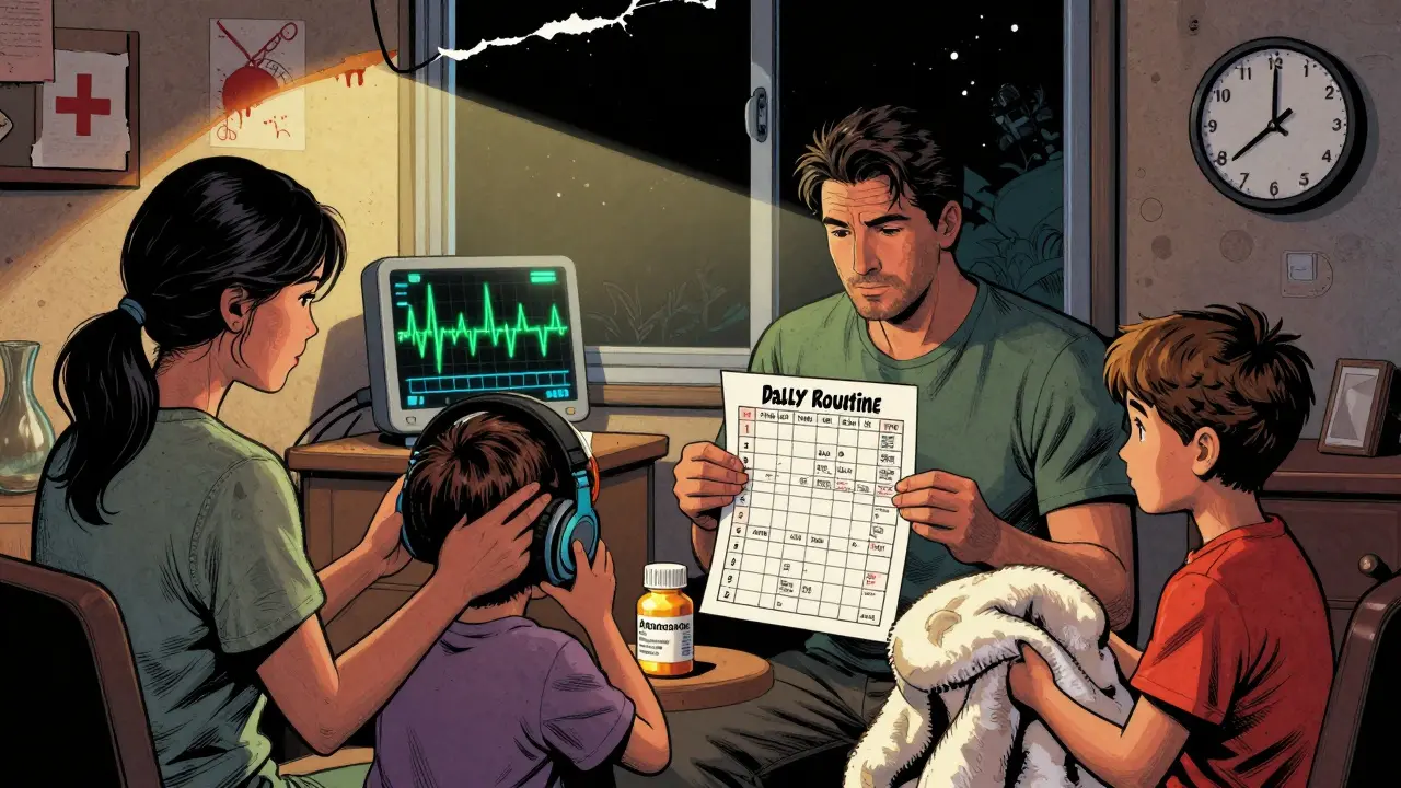 Rodina podporuje dítě s autismem pomocí tišiny, plánu a pomůcek, s léčbou a EEG v pozadí.