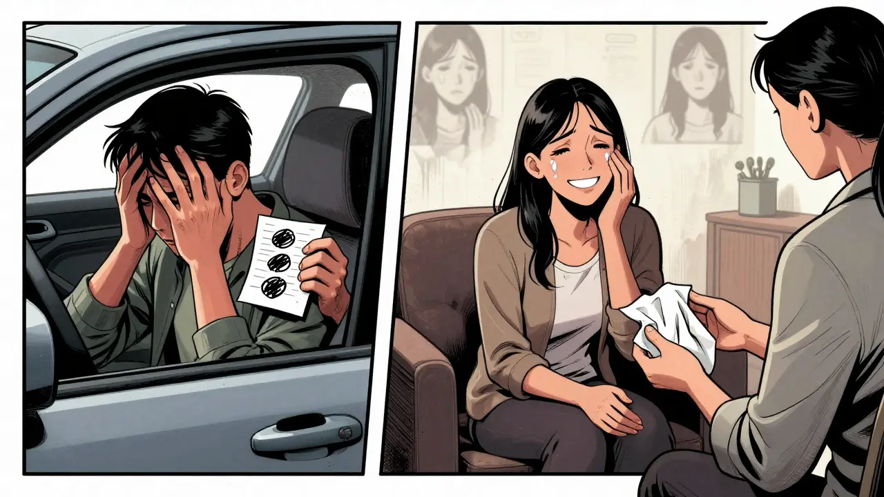 Rozdělený scénář: člověk se třese v autě a poté pláče s úlevou v terapii, tělo vyjadřuje přechod od strachu k úlevě.